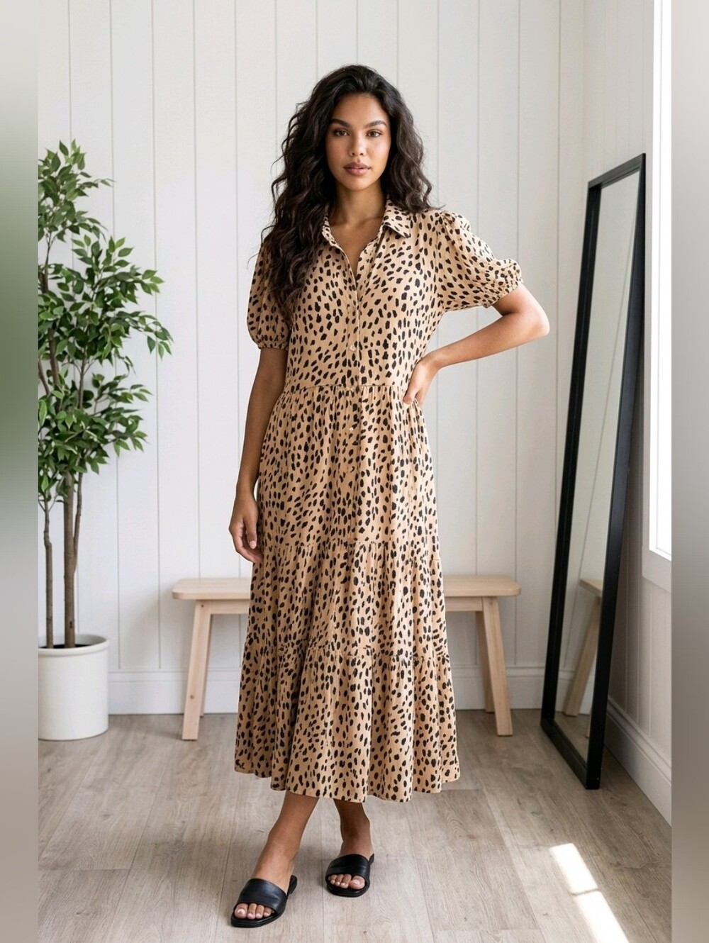 crown & ivy NWT Tan Leopard-Print Button-Front Maxi Dress